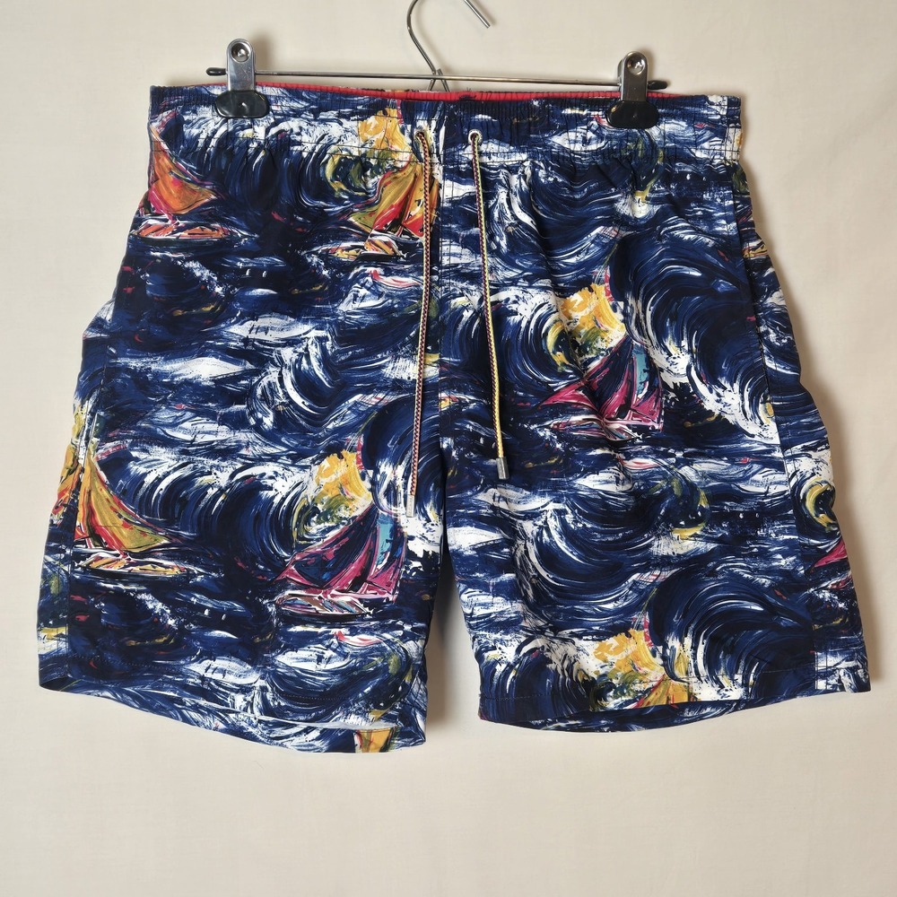 Bugatchi Men's XL Swim Trunks Watercolor Sail Boat Stretch Lined Swim Shorts